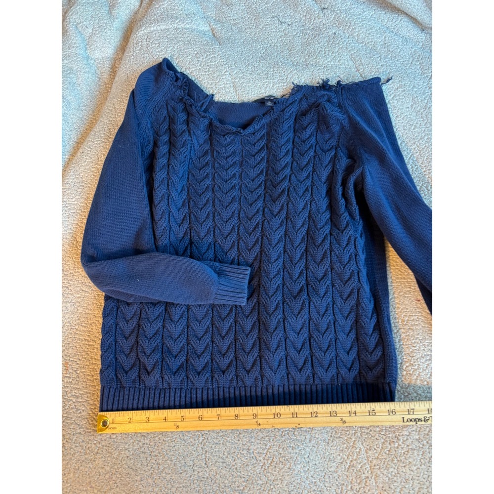 Lands End Drifter Womens XL‎ Blue Cable Knit Cotton Sweater Raw Neck Distressed